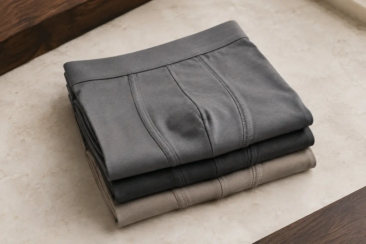 Lot de boxers homme en coton extensible pliés sur une surface de pierre claire