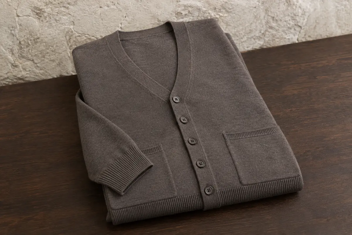 Cardigan homme en maille de coton avec col V, cinq boutons, deux poches avant et finitions côtelées.