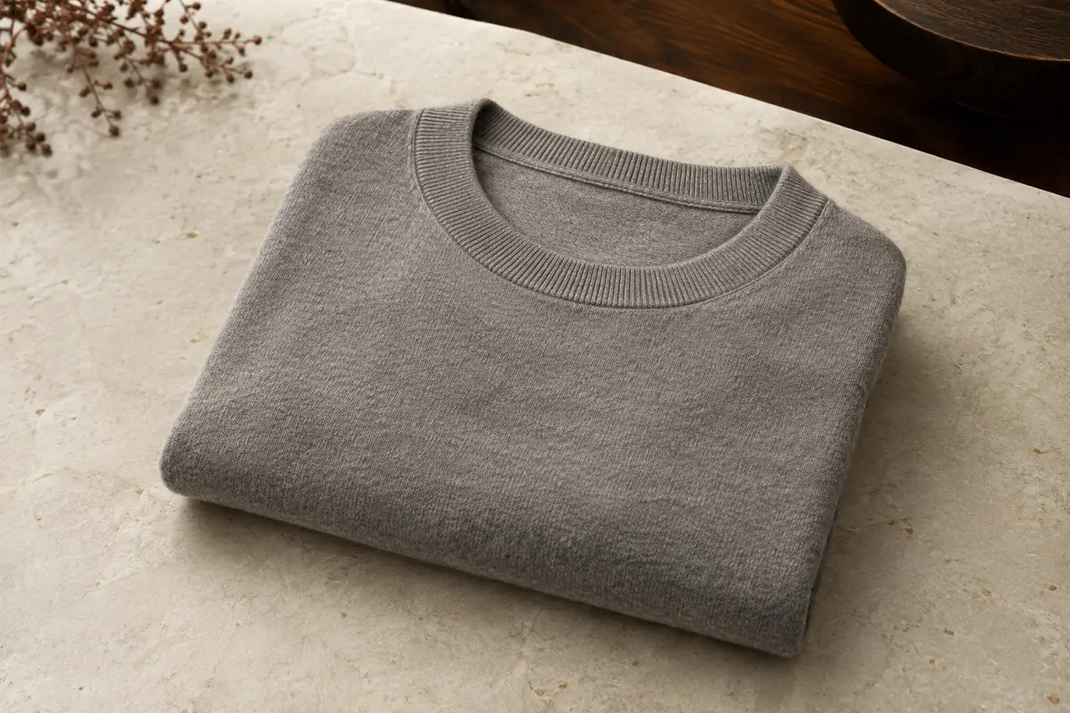 Pull homme à col rond en coton, plié sur une surface de pierre claire dans une lumière douce.