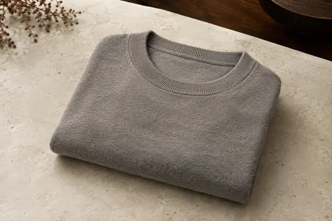 Pull homme à col rond en coton, plié sur une surface de pierre claire dans une lumière douce.