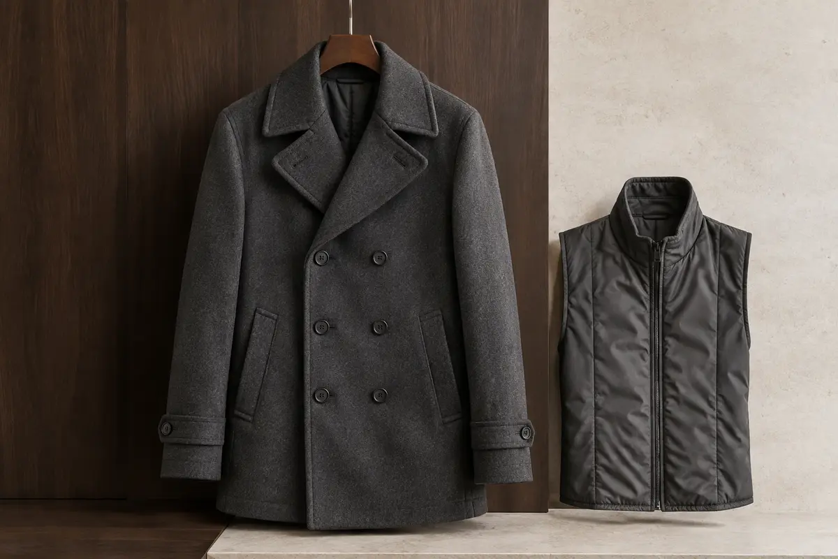 Caban homme en laine avec col tailleur, double boutonnage et plastron amovible présenté sur cintre