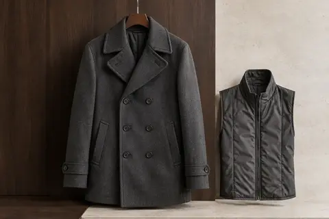 Caban homme en laine avec col tailleur, double boutonnage et plastron amovible présenté sur cintre