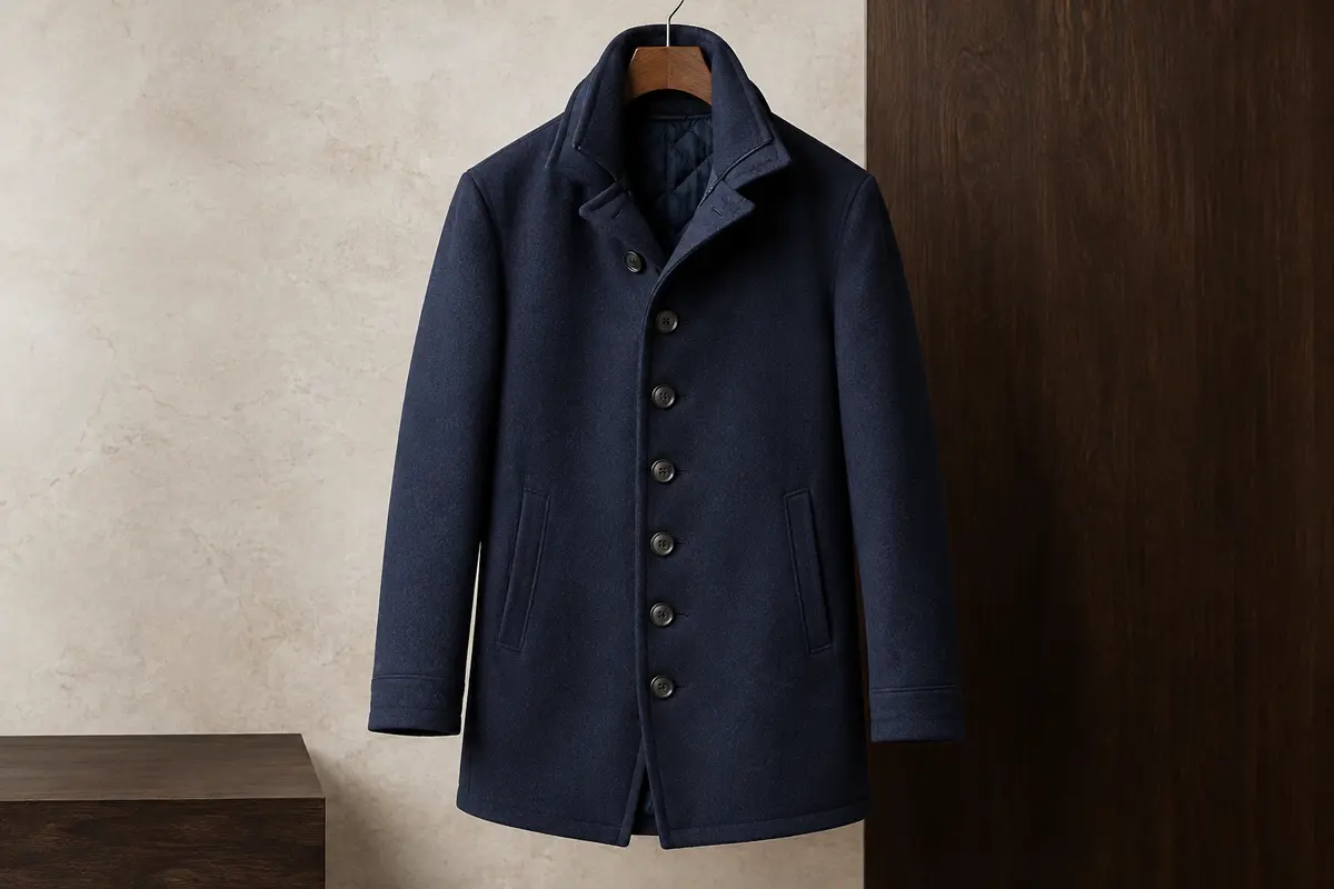 Manteau marin bleu marine en laine mélangée, avec col relevable, dix boutons et poches verticales