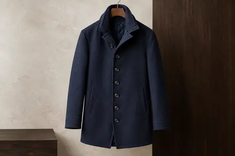 Manteau marin bleu marine en laine mélangée, avec col relevable, dix boutons et poches verticales