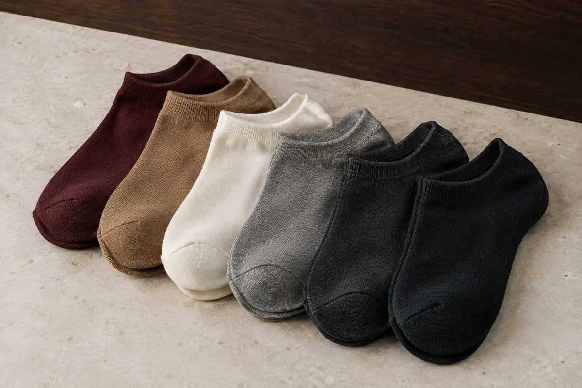 Six paires de socquettes basses pliées sur une surface de pierre claire, avec la maille visible