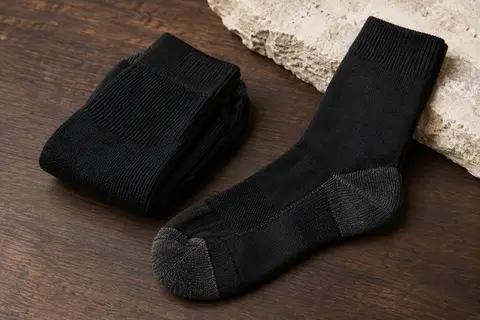 Chaussettes de travail noires mi-mollet avec amorti et renforts au talon et à la pointe, posées sur du bois foncé.