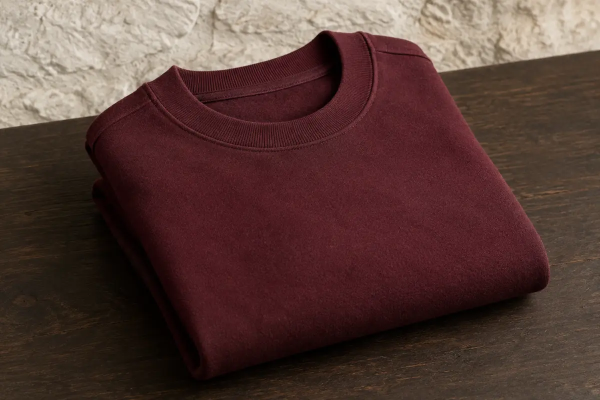 Sweat homme à col ras du cou en molleton, plié sur une surface en bois foncé