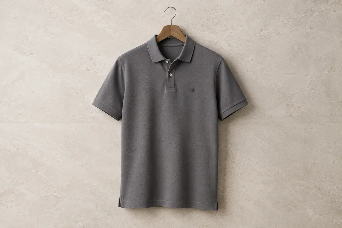 Polo homme uni en coton piqué à manches courtes, présenté sur un cintre devant un fond clair