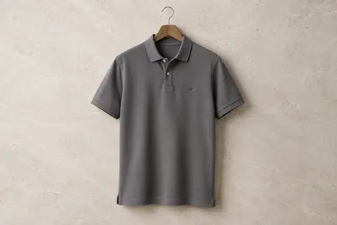 Polo homme uni en coton piqué à manches courtes, présenté sur un cintre devant un fond clair