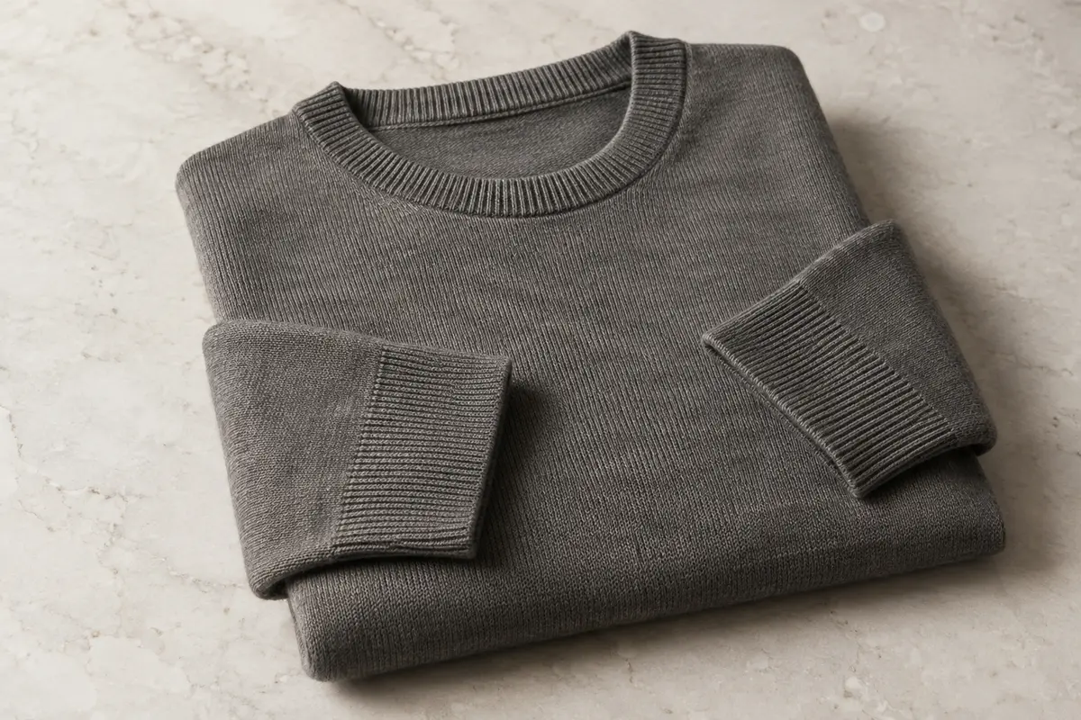 Pull homme en coton à col rond, plié sur une surface de pierre claire dans un décor éditorial épuré.