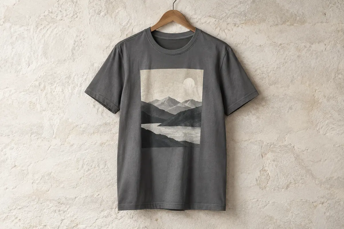 T-shirt homme en coton à manches courtes, col rond et grand imprimé sur la poitrine, présenté seul.