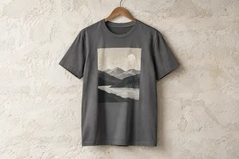 T-shirt homme en coton à manches courtes, col rond et grand imprimé sur la poitrine, présenté seul.
