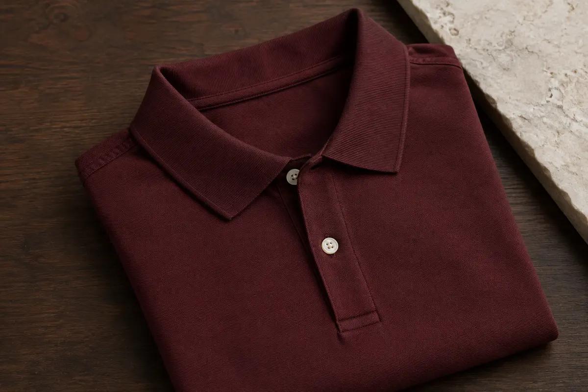 Polo homme à manches courtes plié sur du bois foncé, avec le col et la patte à boutons visibles