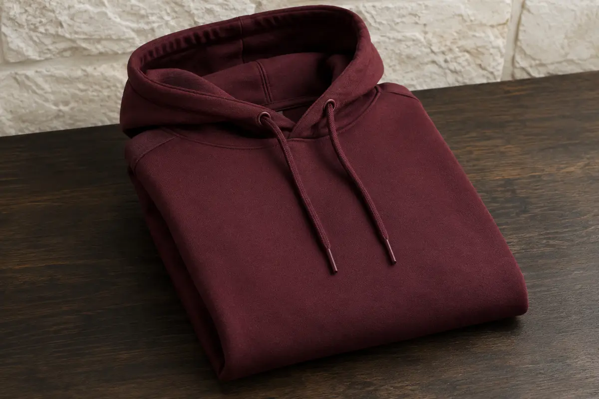 Sweat à capuche homme plié sur une surface en bois, avec cordons de serrage visibles