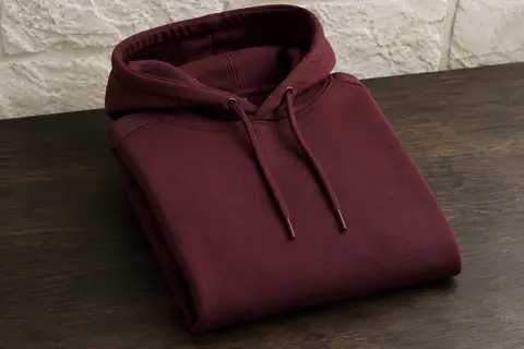 Sweat à capuche homme plié sur une surface en bois, avec cordons de serrage visibles