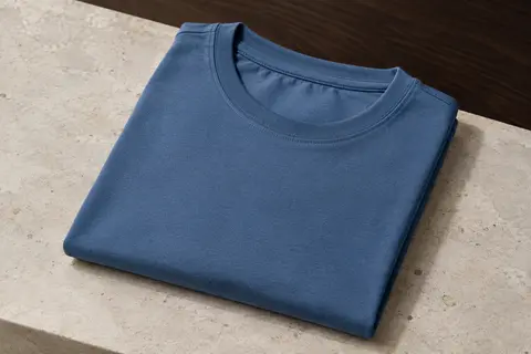 T-shirt homme bleu Sky Captain en jersey, plié sur une surface en pierre claire