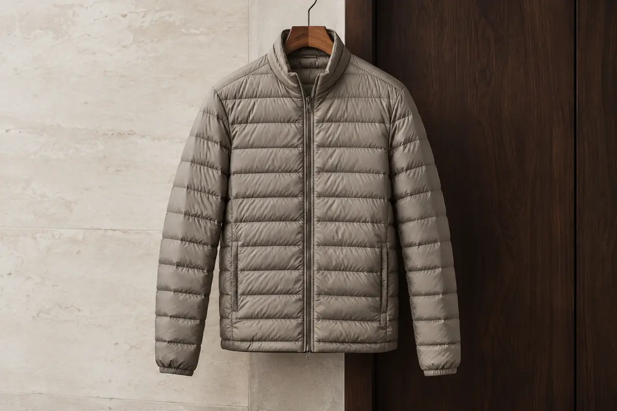 Veste matelassée légère pour homme présentée sur un cintre, avec fermeture éclair et poches zippées visibles.