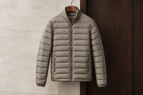 Veste matelassée légère pour homme présentée sur un cintre, avec fermeture éclair et poches zippées visibles.