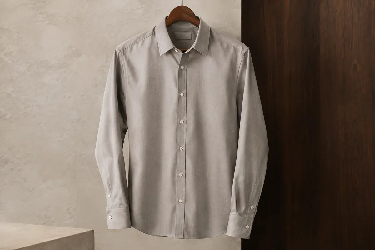 Chemise homme à manches longues et coupe slim présentée sur un cintre, avec col et poignets boutonnés.
