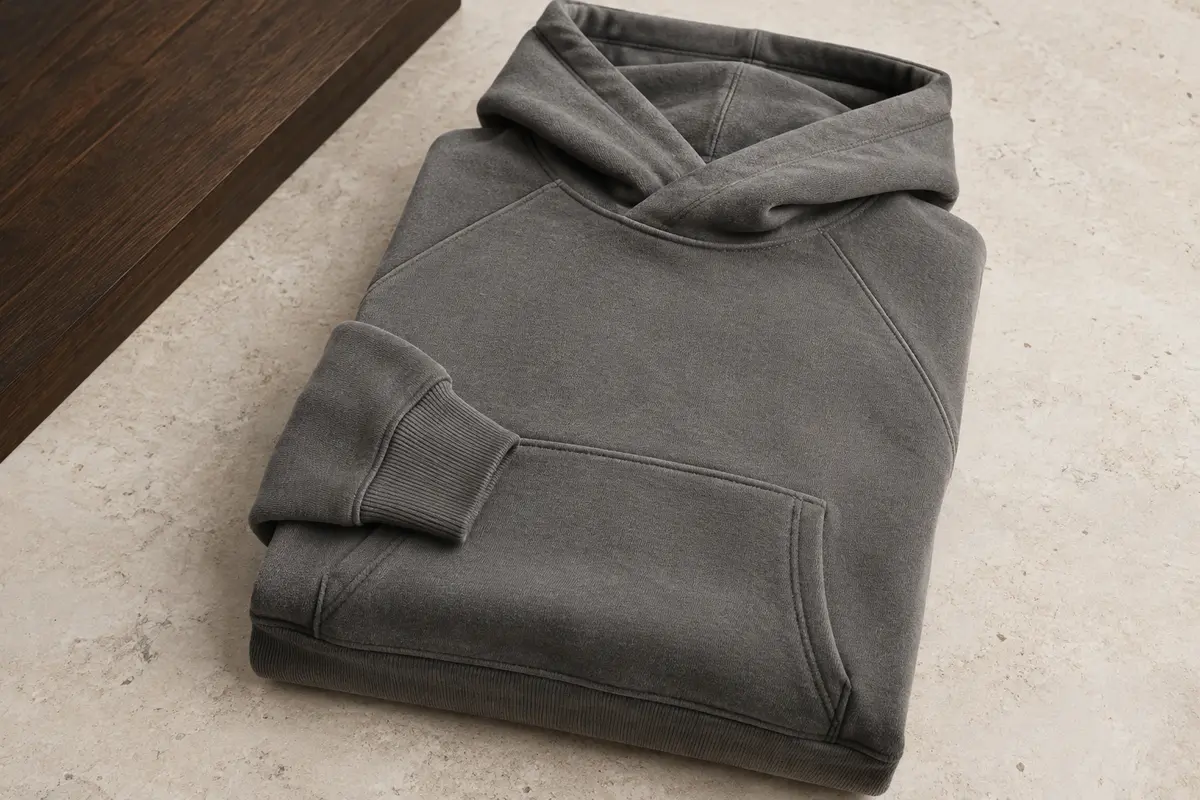 Sweat à capuche pour homme posé sur une surface claire, avec poche kangourou et manches raglan.