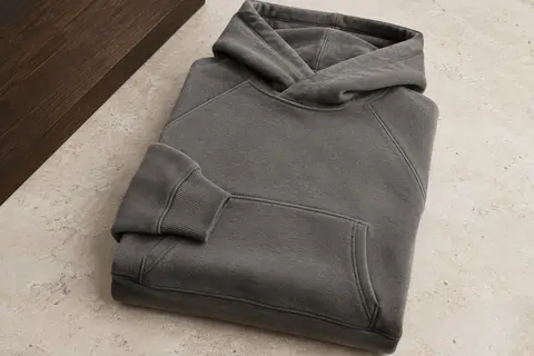 Sweat à capuche pour homme posé sur une surface claire, avec poche kangourou et manches raglan.