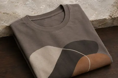T-shirt homme ample à col rond et motif graphique, plié sur une surface en bois foncé