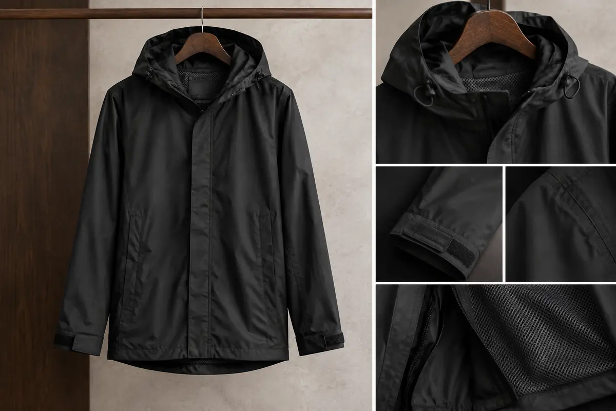 Veste de pluie noire pour homme sur cintre, avec capuche réglable et détails de coutures visibles.