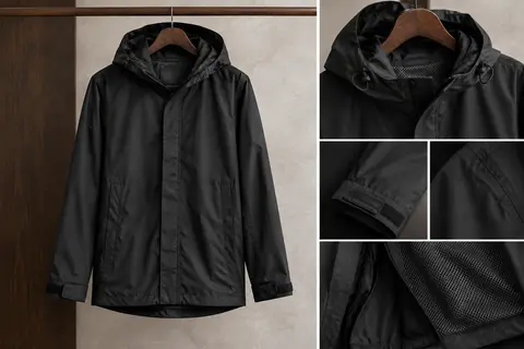 Veste de pluie noire pour homme sur cintre, avec capuche réglable et détails de coutures visibles.