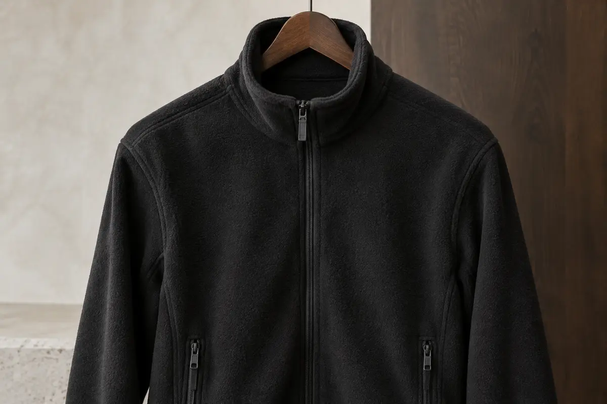 Veste polaire noire à fermeture zippée, col montant et poches fermées, présentée seule sur un cintre sobre