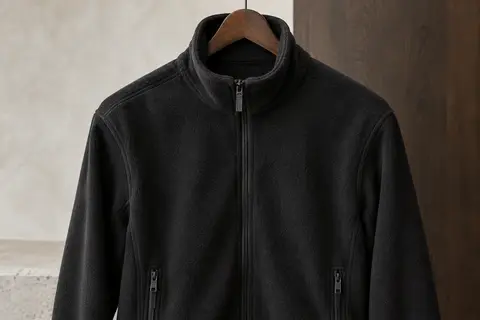 Veste polaire noire à fermeture zippée, col montant et poches fermées, présentée seule sur un cintre sobre