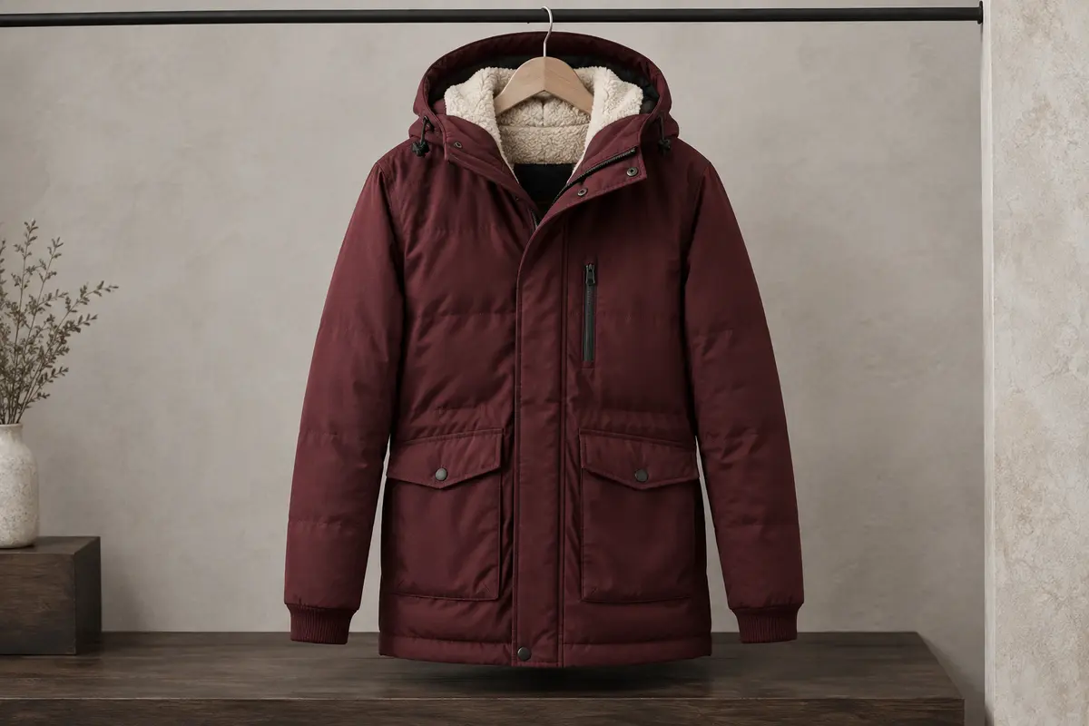 Manteau d’hiver pour homme avec capuche réglable, doublure sherpa et poches renforcées, présenté sur un cintre
