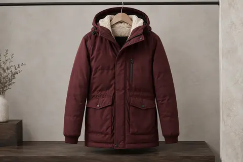 Manteau d’hiver pour homme avec capuche réglable, doublure sherpa et poches renforcées, présenté sur un cintre