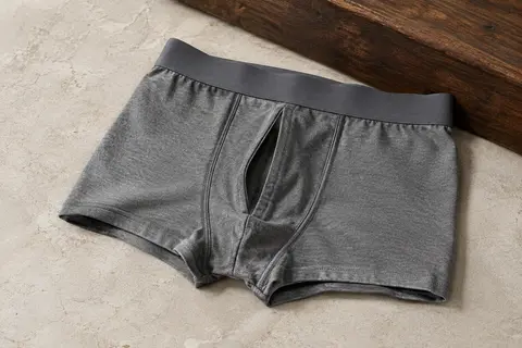 Boxer homme en coton extensible plié sur une surface de pierre claire, avec sa ceinture élastique visible.