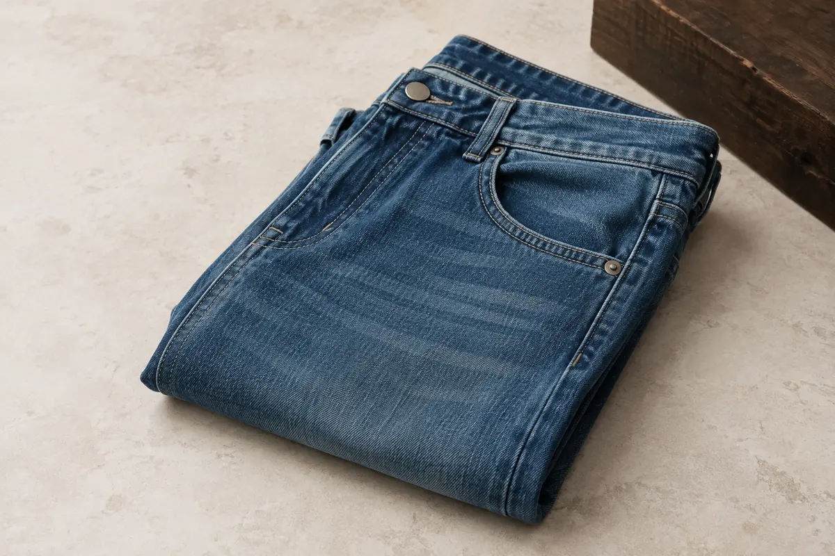 Jean homme en denim stretch plié sur une pierre claire, avec ses coutures et ses cinq poches visibles.