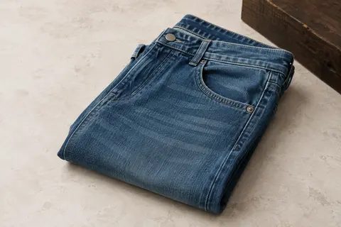 Jean homme en denim stretch plié sur une pierre claire, avec ses coutures et ses cinq poches visibles.