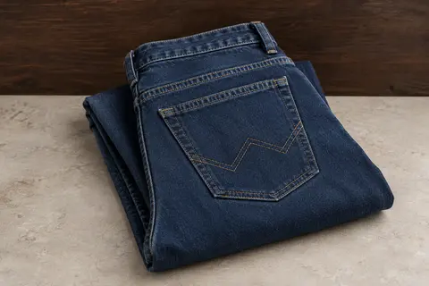 Jean homme en denim de coton à coupe décontractée, plié sur une surface de pierre claire.