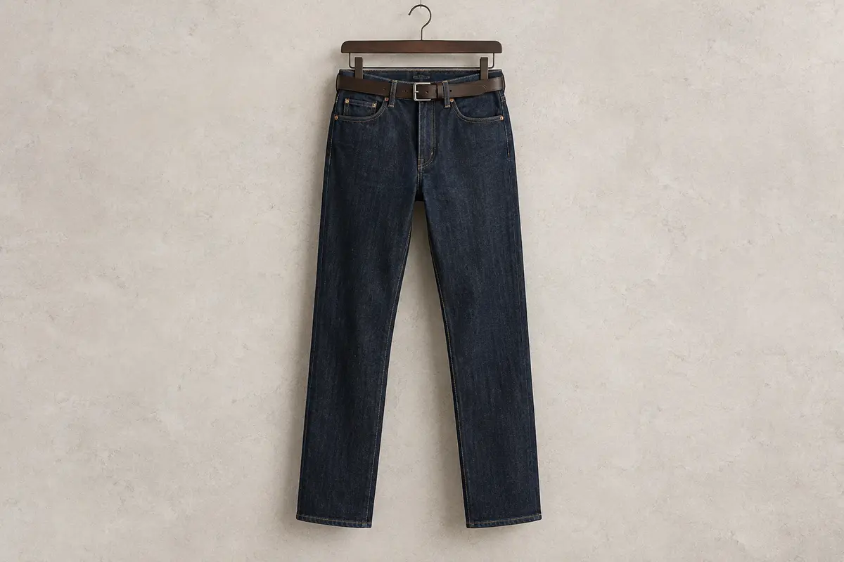 Jean droit pour homme en denim foncé, présenté sur un cintre avec sa ceinture et ses poches visibles