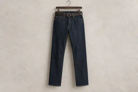 Jean droit pour homme en denim foncé, présenté sur un cintre avec sa ceinture et ses poches visibles