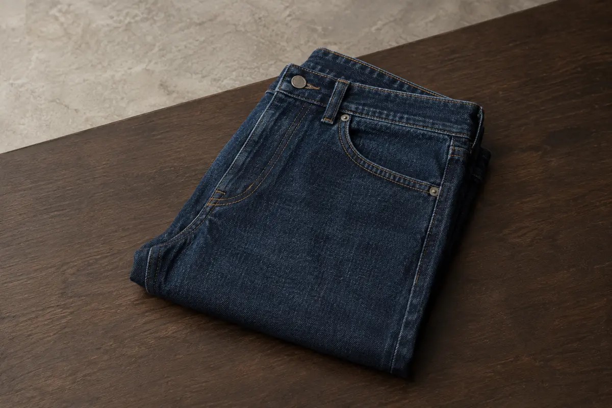 Jean Wrangler droit stonewash foncé plié sur du bois sombre, avec ses coutures et poches visibles.