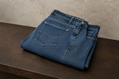 Jean homme en denim bleu à coupe classique, plié sur une surface en bois avec ses poches visibles