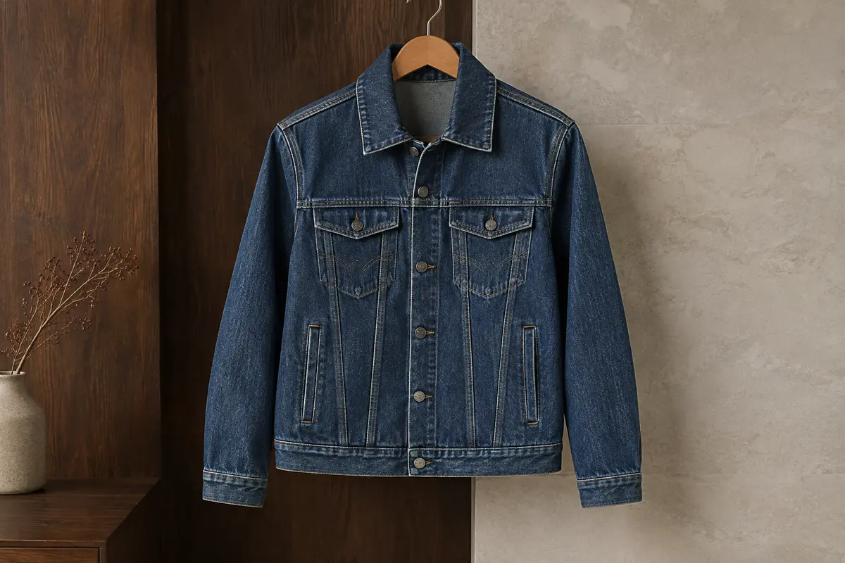 Veste pour homme en denim de style western, avec poches à rabat et coutures décoratives, présentée sur cintre