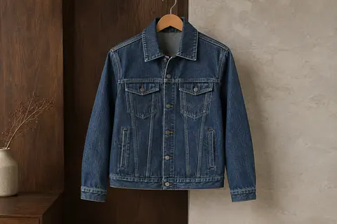 Veste pour homme en denim de style western, avec poches à rabat et coutures décoratives, présentée sur cintre