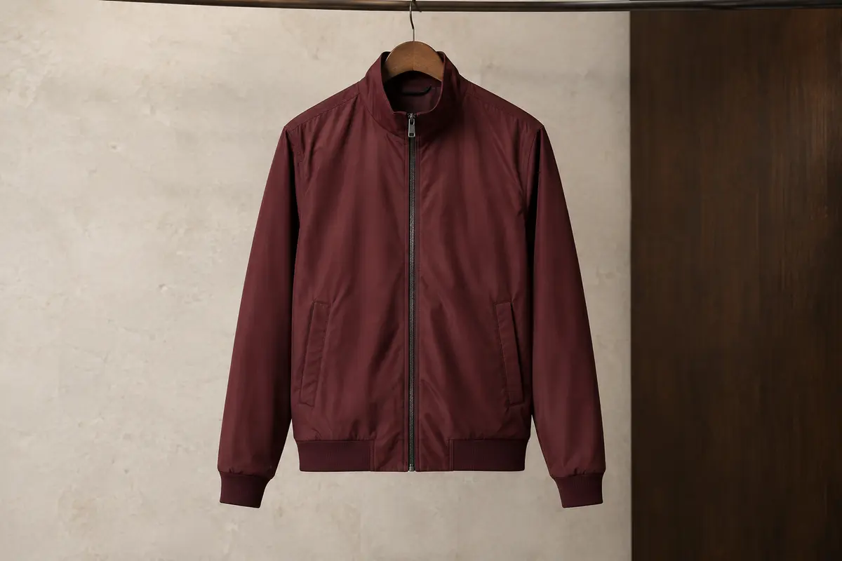 Blouson homme léger zippé à col montant, avec poches extérieures et finitions côtelées, présenté sur cintre.