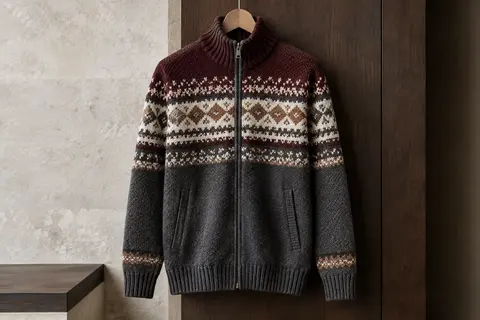 Cardigan homme en maille épaisse avec col montant, zip intégral et motif contrasté, présenté sur un cintre.