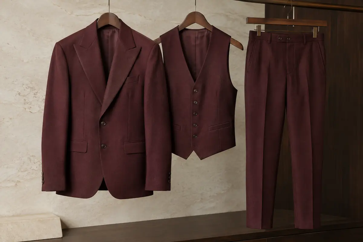Costume homme trois pièces avec veste à double revers, gilet en V et pantalon assorti sur cintres