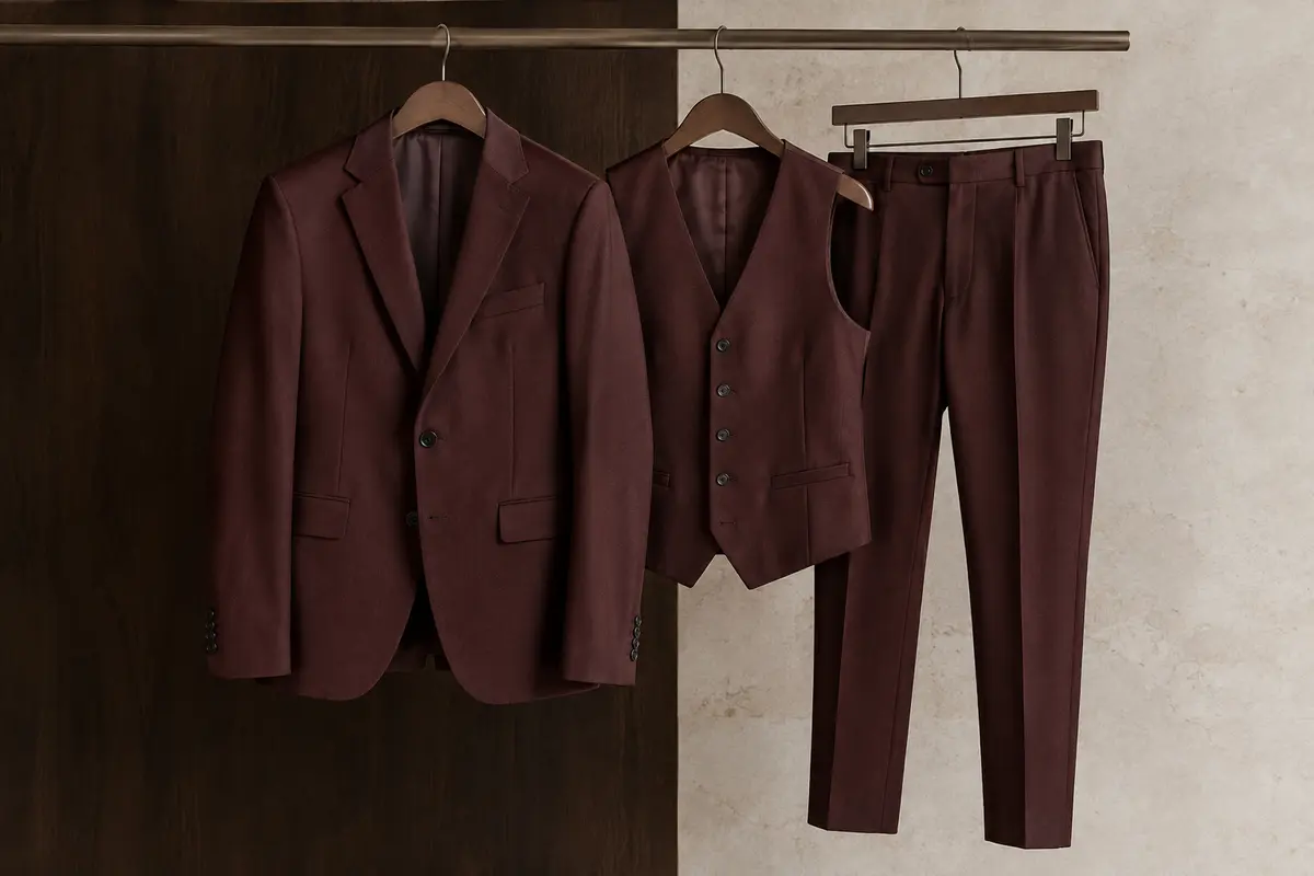 Costume homme YOUTHUP trois pièces avec blazer, gilet et pantalon présentés sur des cintres.