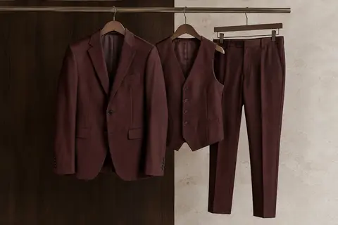 Costume homme YOUTHUP trois pièces avec blazer, gilet et pantalon présentés sur des cintres.