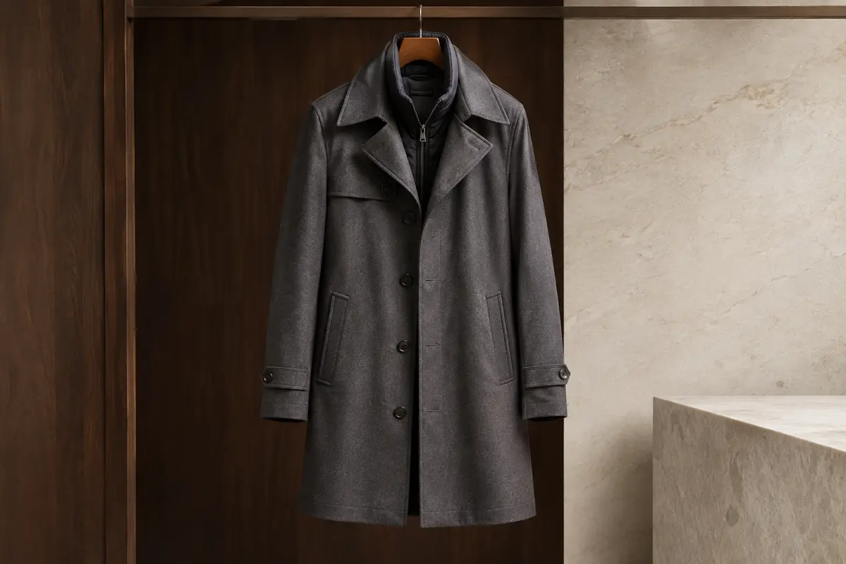 Manteau homme à col à rabat et col intérieur amovible présenté sur un cintre dans un décor épuré.