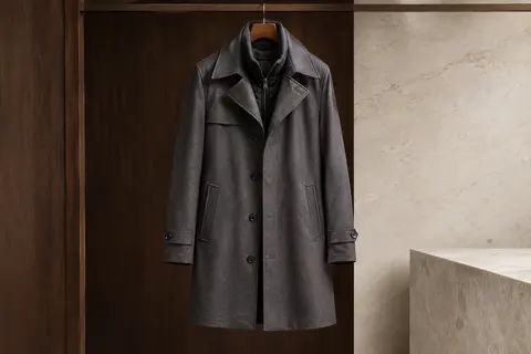 Manteau homme à col à rabat et col intérieur amovible présenté sur un cintre dans un décor épuré.