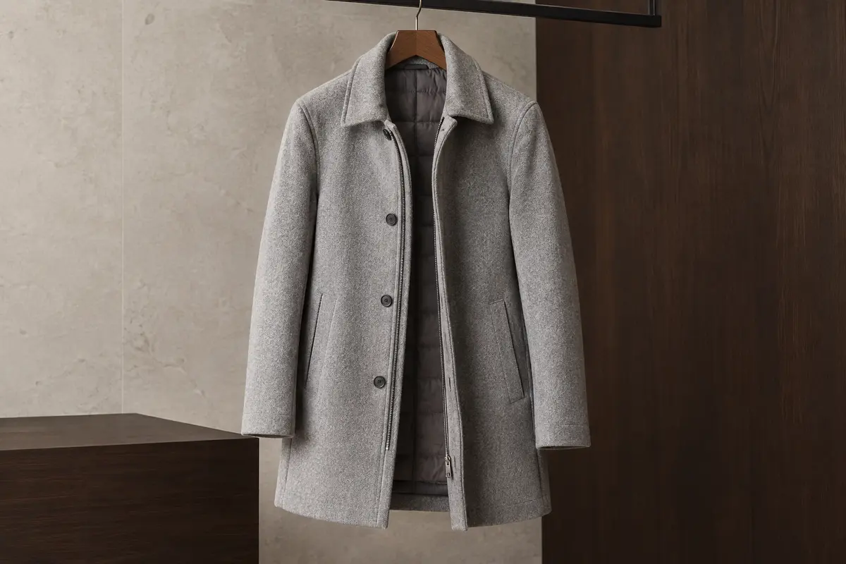 Manteau homme mi-long gris clair à col rabattu, boutons et poches, présenté seul sur un cintre.